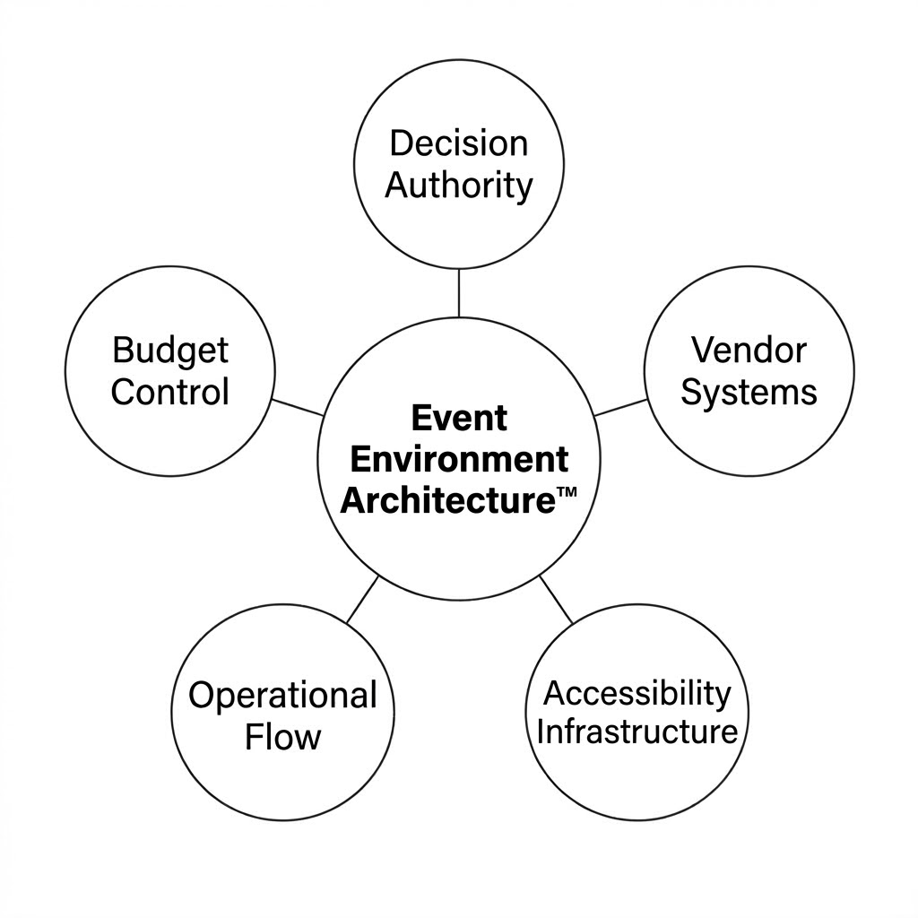 Diagram illustrating the structural forces shaping complex event environments including governance alignment, vendor coordination, accessibility planning, budget structure, and operational infrastructure.