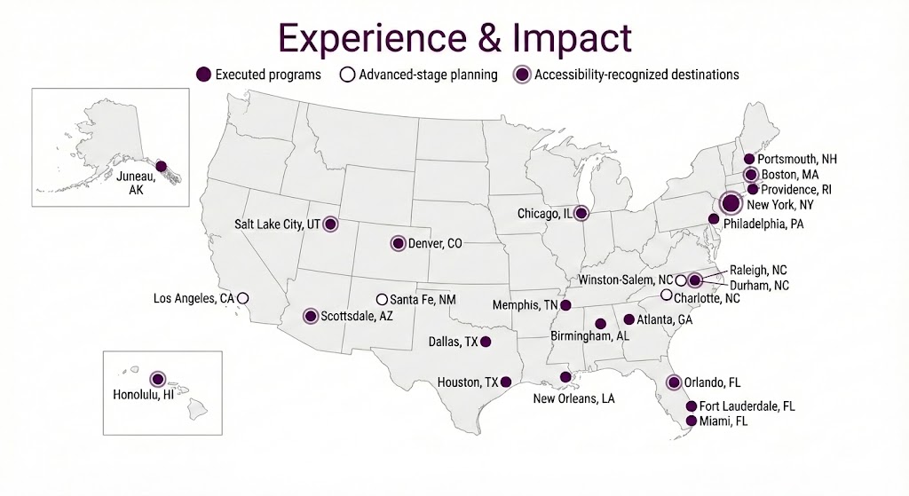 Map of United States meeting destinations where Kesha Moore has executed national convenings including Orlando, New Orleans, Washington DC, and other major markets.