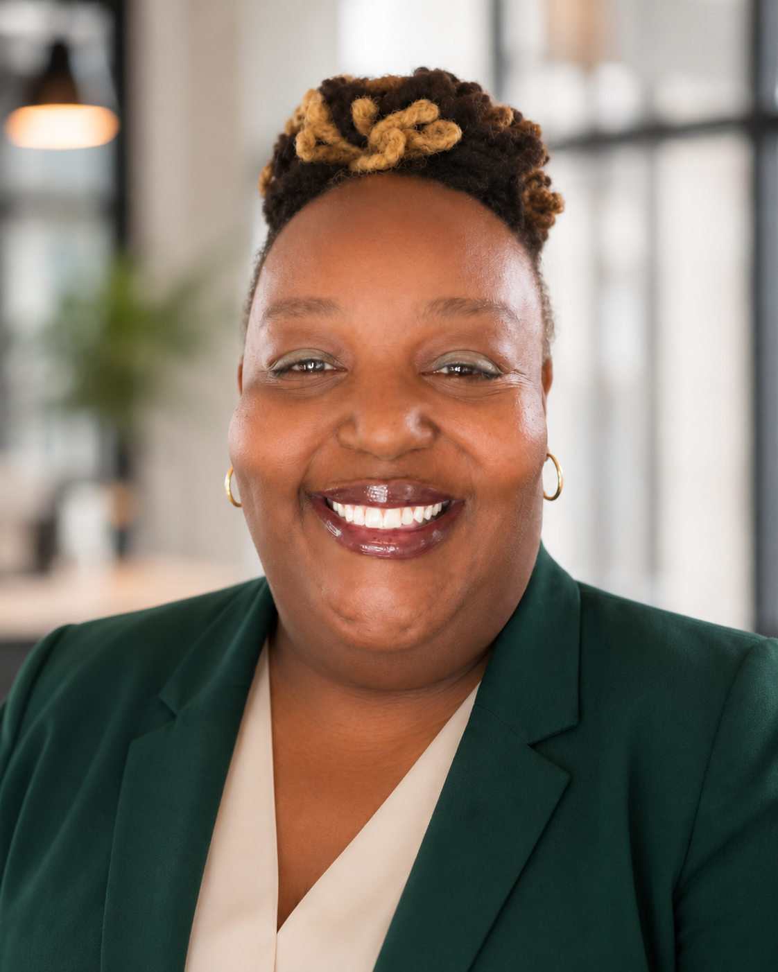 Portrait of Kesha Moore smiling in a dark green blazer over a light blouse against a softly blurred office background.