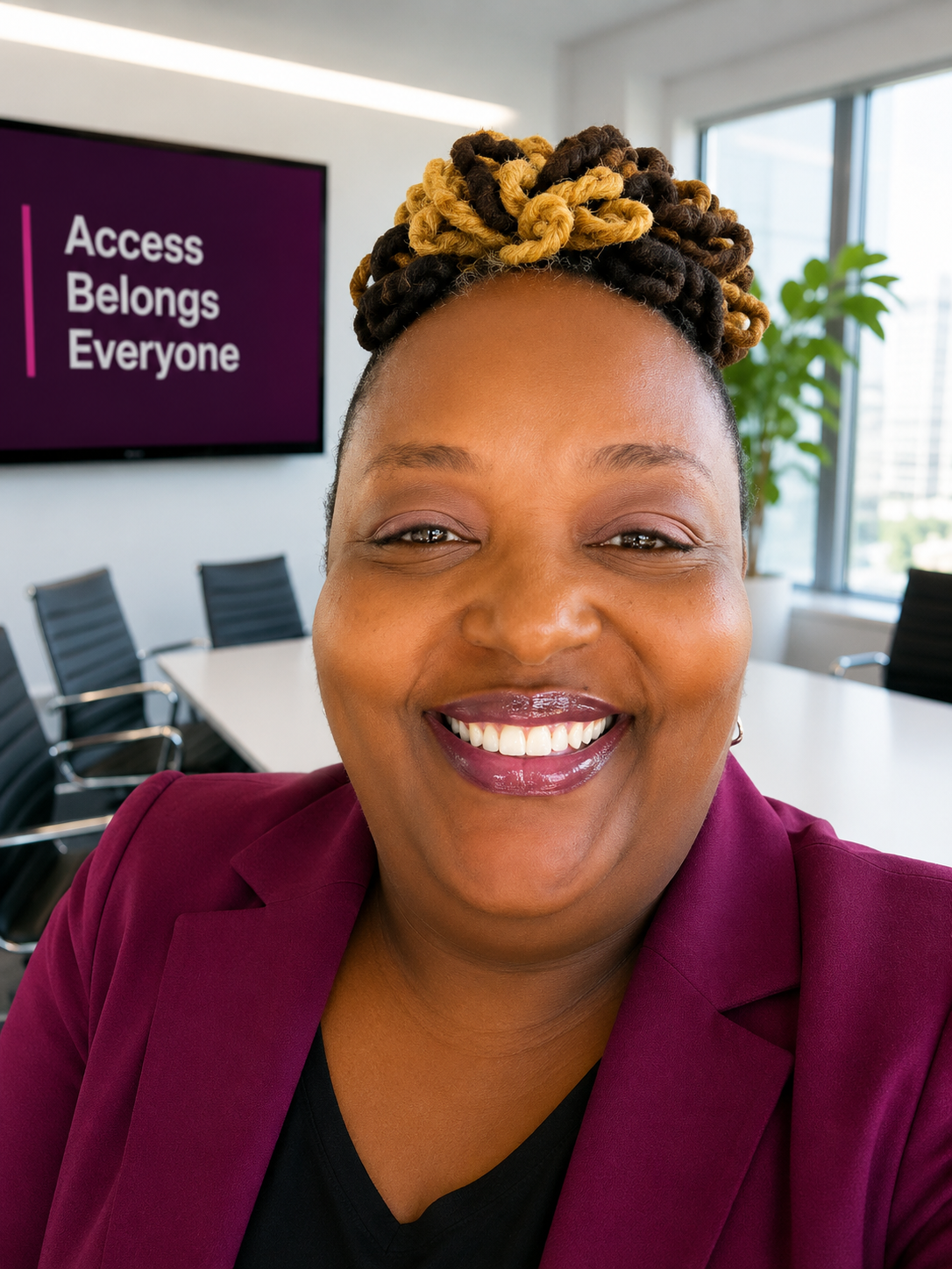 Close-up portrait of Kesha Moore smiling in a magenta blazer in a conference room, with a screen behind her reading Access Belongs Everyone.