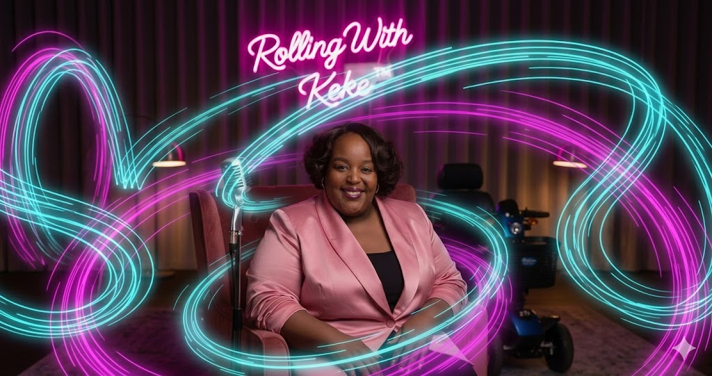Event strategist Kesha Moore speaking during a podcast interview beside her mobility scooter with Rolling With Keke neon sign behind her