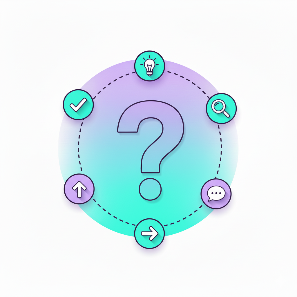 A clean purple-toned graphic featuring question marks and strategy icons representing frequently asked questions.