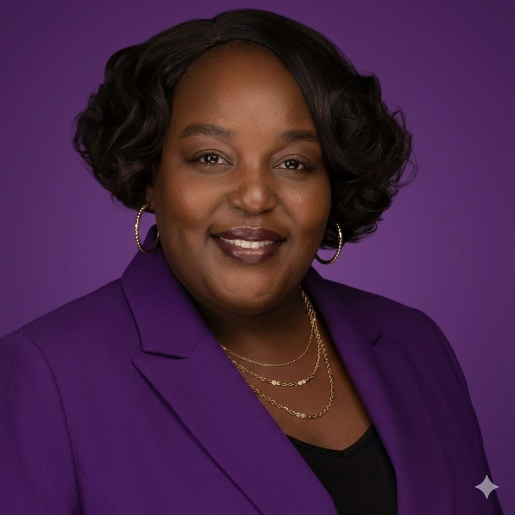 Editorial portrait of Kesha 'Keke' Moore against a rich purple background, confident and grounded.