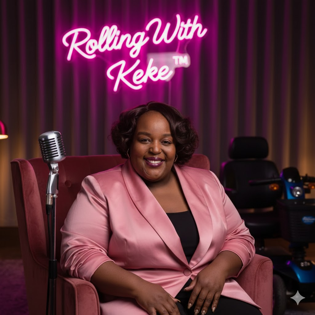 Kesha Moore seated in a studio setting with a Rolling With Keke neon sign, microphone, and mobility scooter in the background.